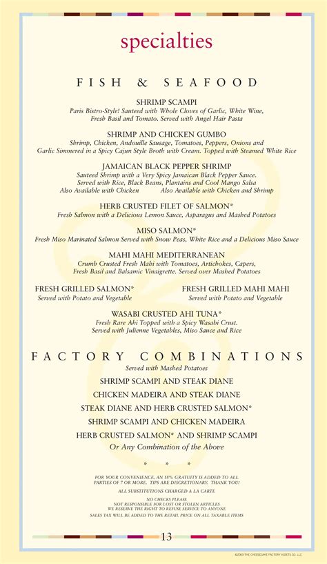 Cheesecake Factory Printable Menu
