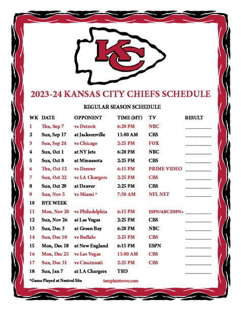 Chiefs Printable Schedule