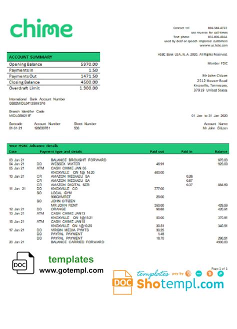Chime Bank Statement Template