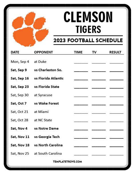 Clemson Printable Football Schedule