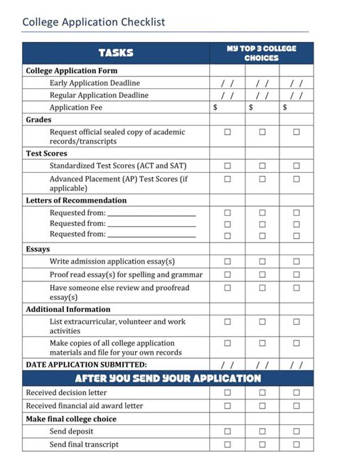 College Application List Template