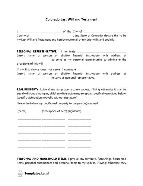 Colorado Last Will And Testament Template