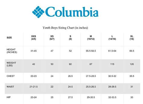 Columbia Youth Jacket Size Chart