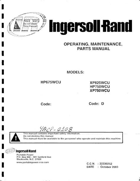 Compresor Ingersoll Rand Xp750wcu Parts Manual