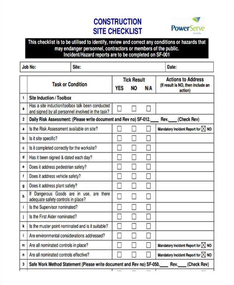 Construction Checklist Templates