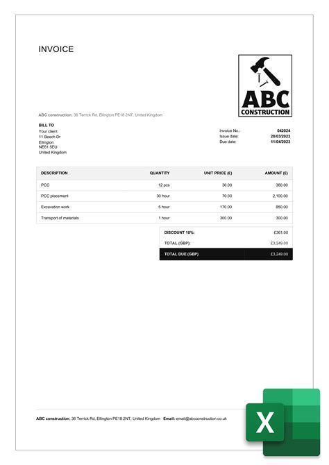 Construction Invoice Template Excel