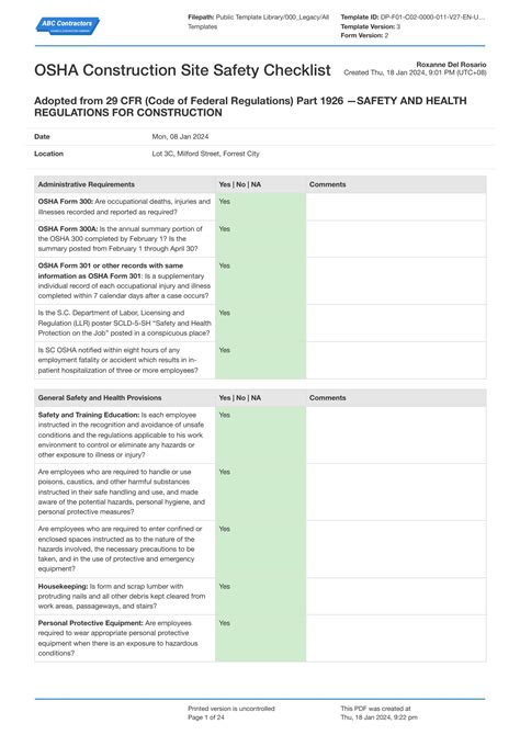 Construction Site Safety Checklist Template