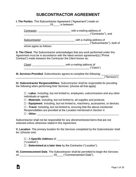Contract Template For Subcontractor