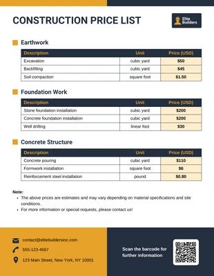 Contractor Price List Template