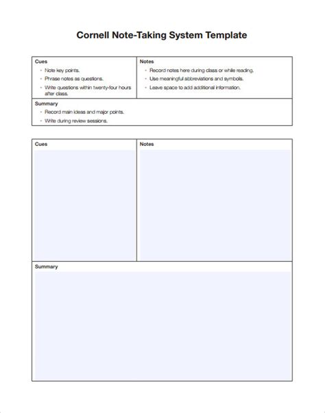 Cornell Note Taking System Template