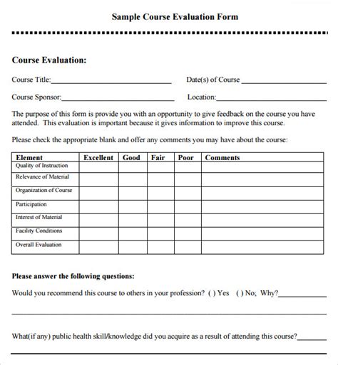 Course Evaluation Sheet Template