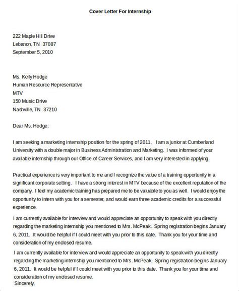 Cover Letter For Internship Template Free
