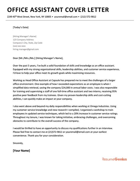 Cover Letter Template For Office Assistant