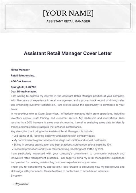 Cover Letter Template Retail Assistant