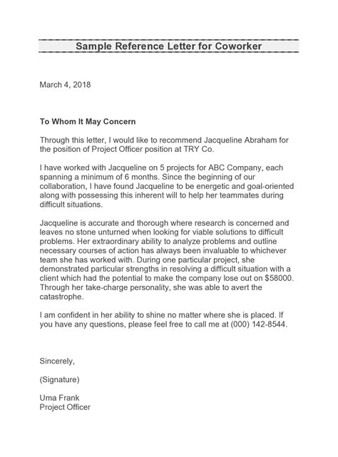 Coworker Reference Letter Template