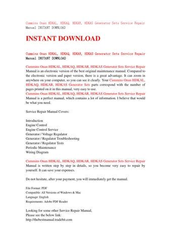 Cummins Onan Hdkal Hdkaq Hdkar Hdkas Generator Sets Service Repair Manual Instant Download