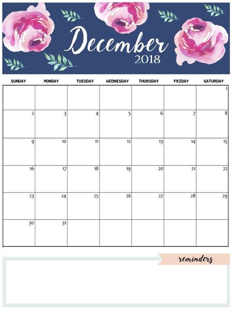 Cute Printable December 2018 Calendar Large Print