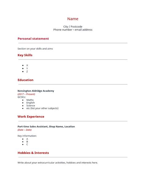 Cv For Gcse Students Template