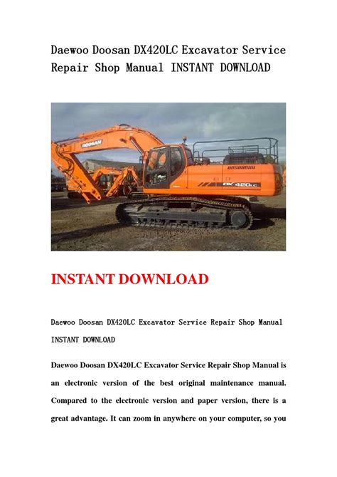 Daewoo Doosan Dx420lc Excavator Service Repair Shop Manual