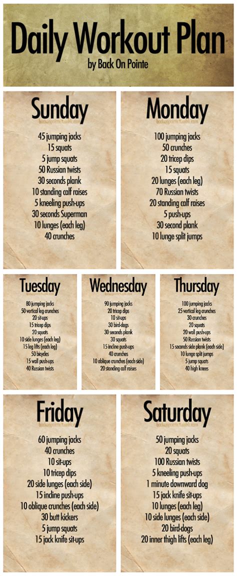 Daily Workout Plan By Back On Pointe Printable