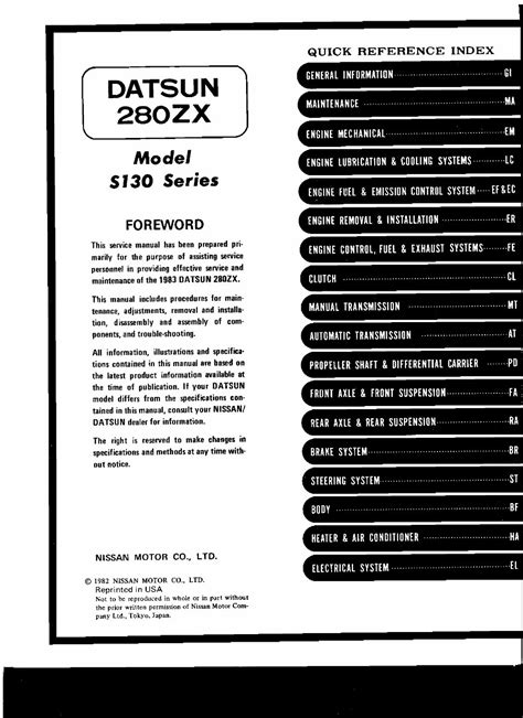 Datsun 280z 1983 Service And Repair Manual