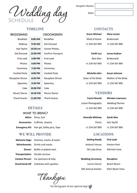 Day Of Wedding Schedule Template