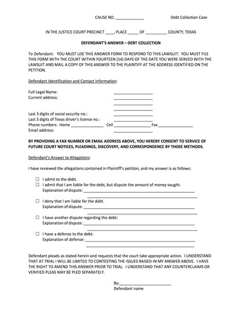 Debt Summons Answer Template