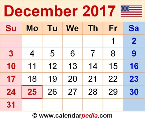 Dec 2017 And Jan 2018 Calendar Printable