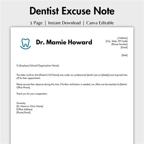 Dental Excuse Note Template