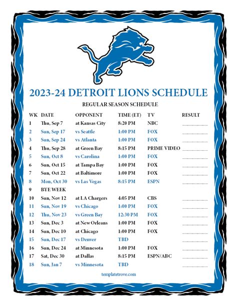 Detroit Lions Football Schedule Printable