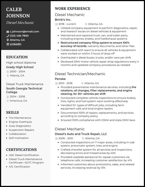 Diesel Mechanic Resume Template