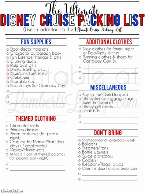 Disney Cruise Packing List Printable
