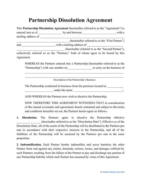 Dissolve Partnership Agreement Template