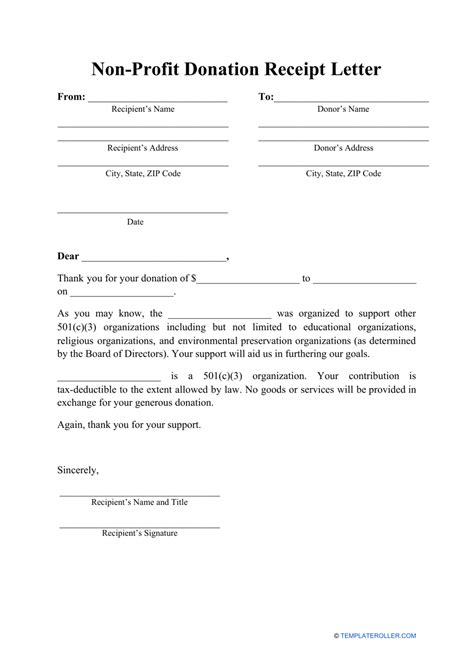 Donation Receipt For Non Profit Template