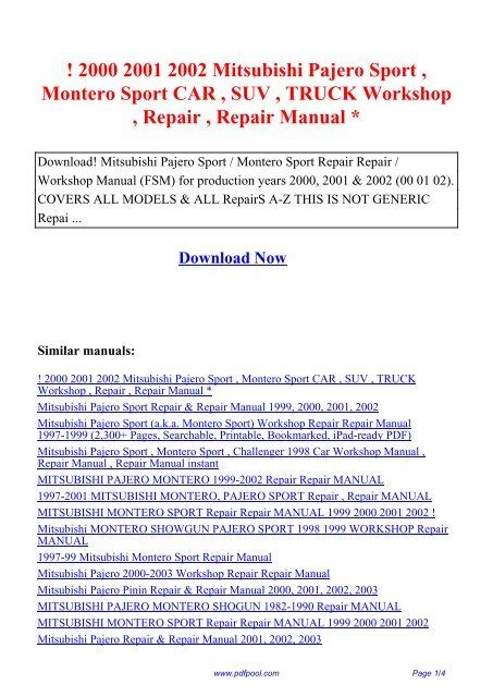 Download 2000 2001 2002 Mitsubishi Pajero Sport Montero Sport Car Suv Truck Workshop Repair Service Manual Best