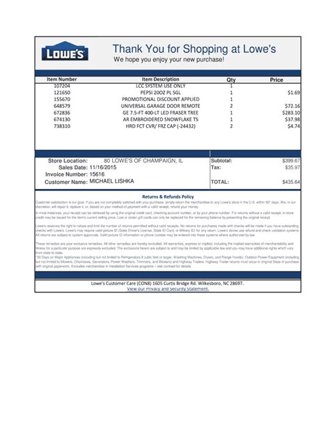 Editable Lowes Receipt Template