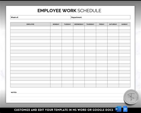 Employee Weekly Work Schedule Template