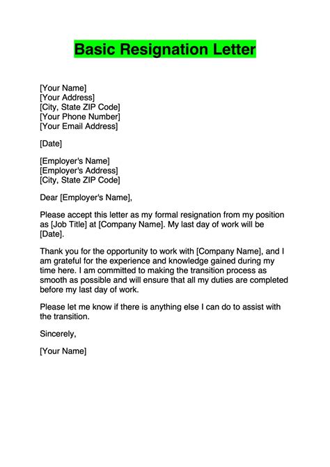 Employment Resignation Letter Template