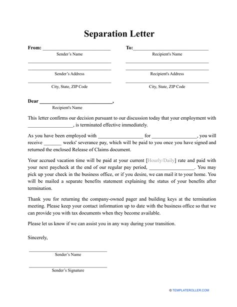Employment Separation Letter Template