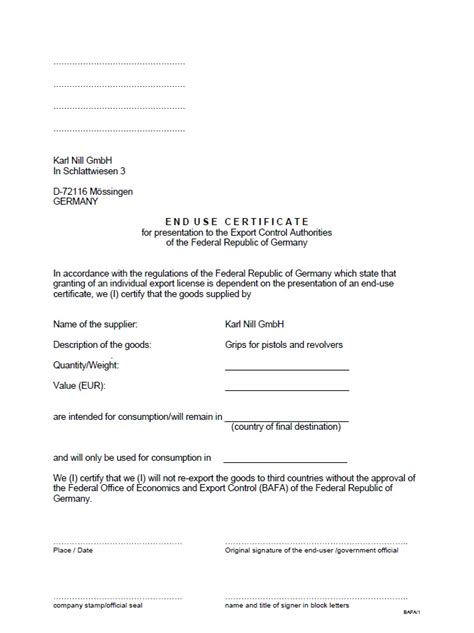 End Use Certificate Template