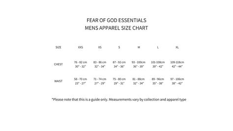 Essentials Pants Size Chart
