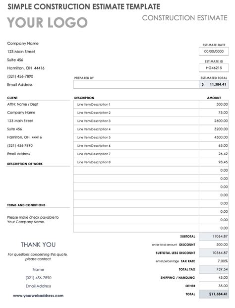 Estimate Template For Construction