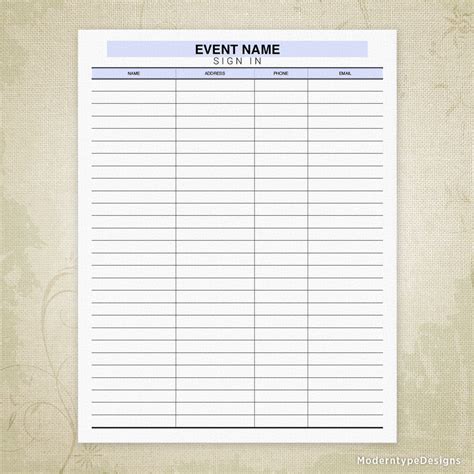 Event Sign In Sheet Template