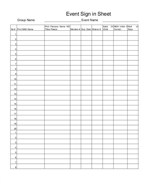 Event Sign In Sheet Template Word