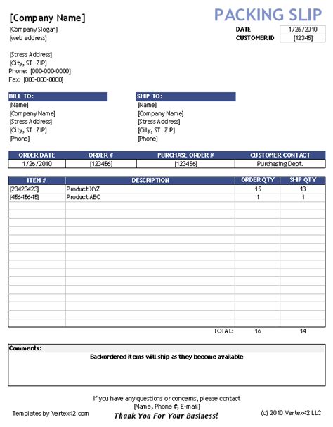 Excel Packing Slip Template