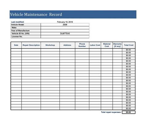 Excel Spreadsheet Printable Free Vehicle Maintenance Log Template