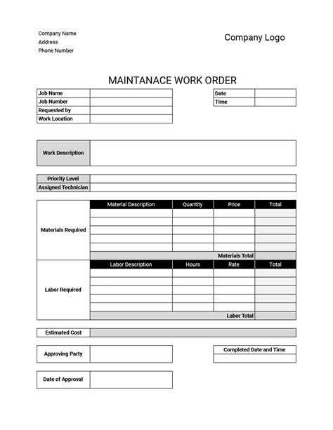 Excel Work Order Template