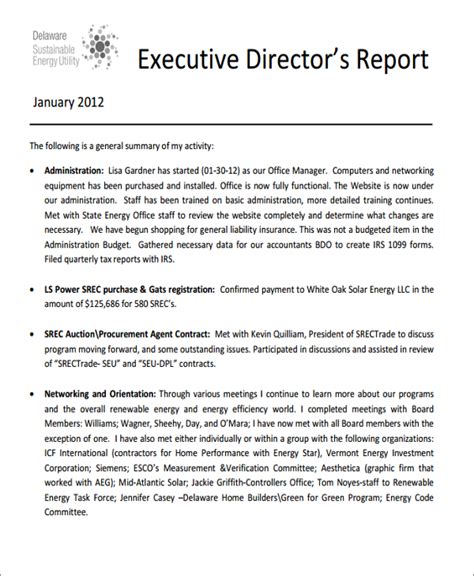 Executive Director Report To Board Template