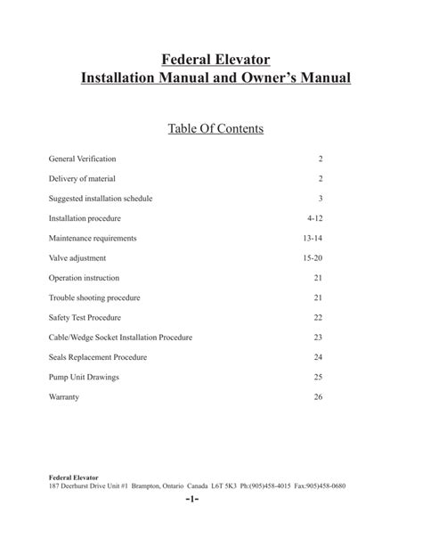 Federal Elevator Installation Manual Owner S Manual