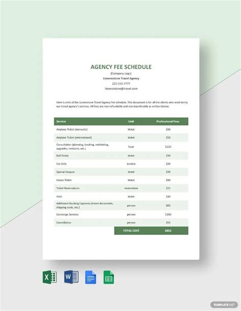 Fee Schedule Template Word
